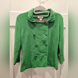 Ann Taylor LOFT XS Green Cotton Double Breasted Sweater Jacket Blazer Cardigan